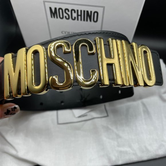 HOLIDAY SALE! NEW!!! Moschino Black Logo Gold Belt - 38 - Picture 2 of 5